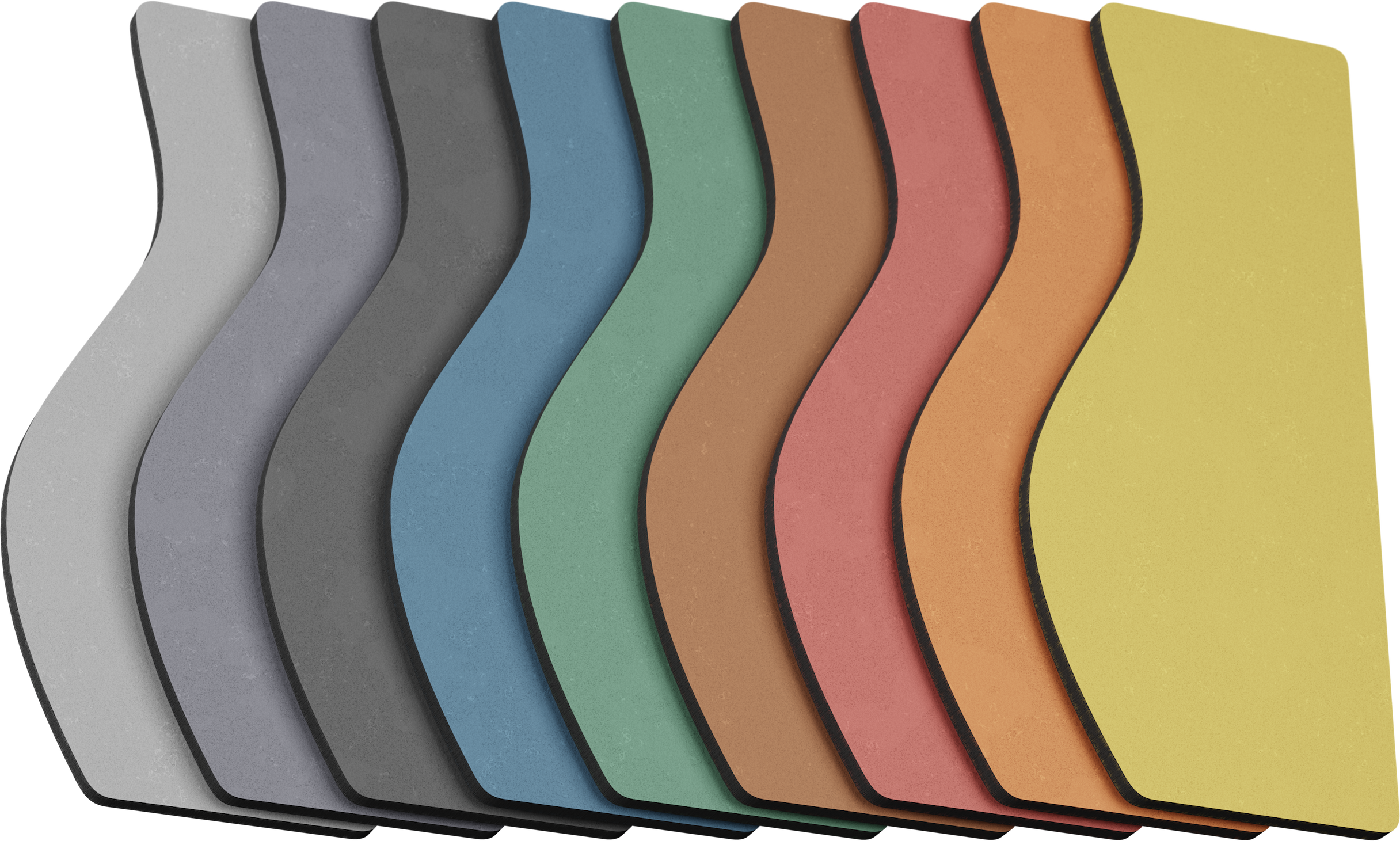 Fächer aus verschiedenfarbigen, lasergeschnittenen Forescolor-Platten: hellgrau, grau, dunkelgrau, blau, grün, brown, rot, orange, gelb