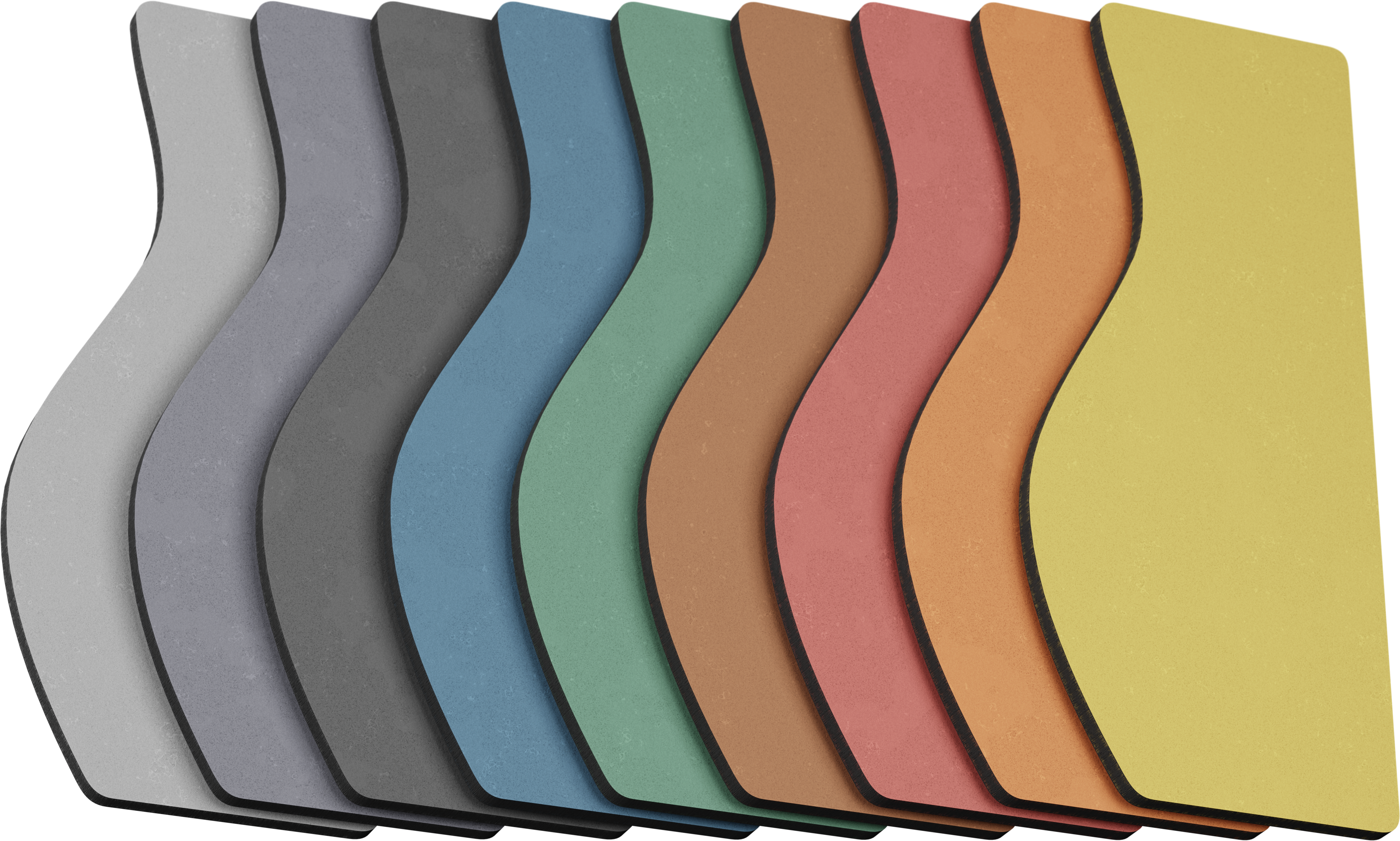 Fan of differently colored, laser-cut Forescolor boards: light gray, gray, dark gray, blue, green, brown, red, orange, yellow